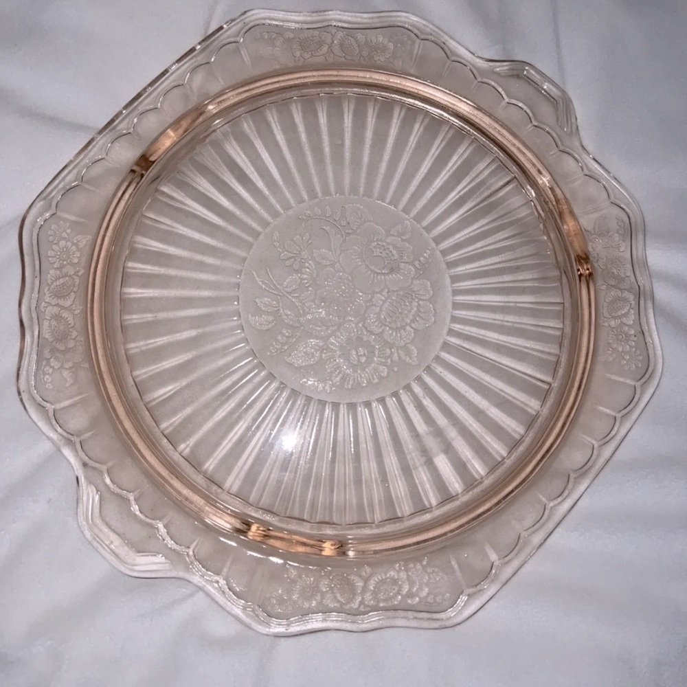 Pink Depression Glass Footed Cake Plate Mayfair Open Rose by Anchor Hocking 11”